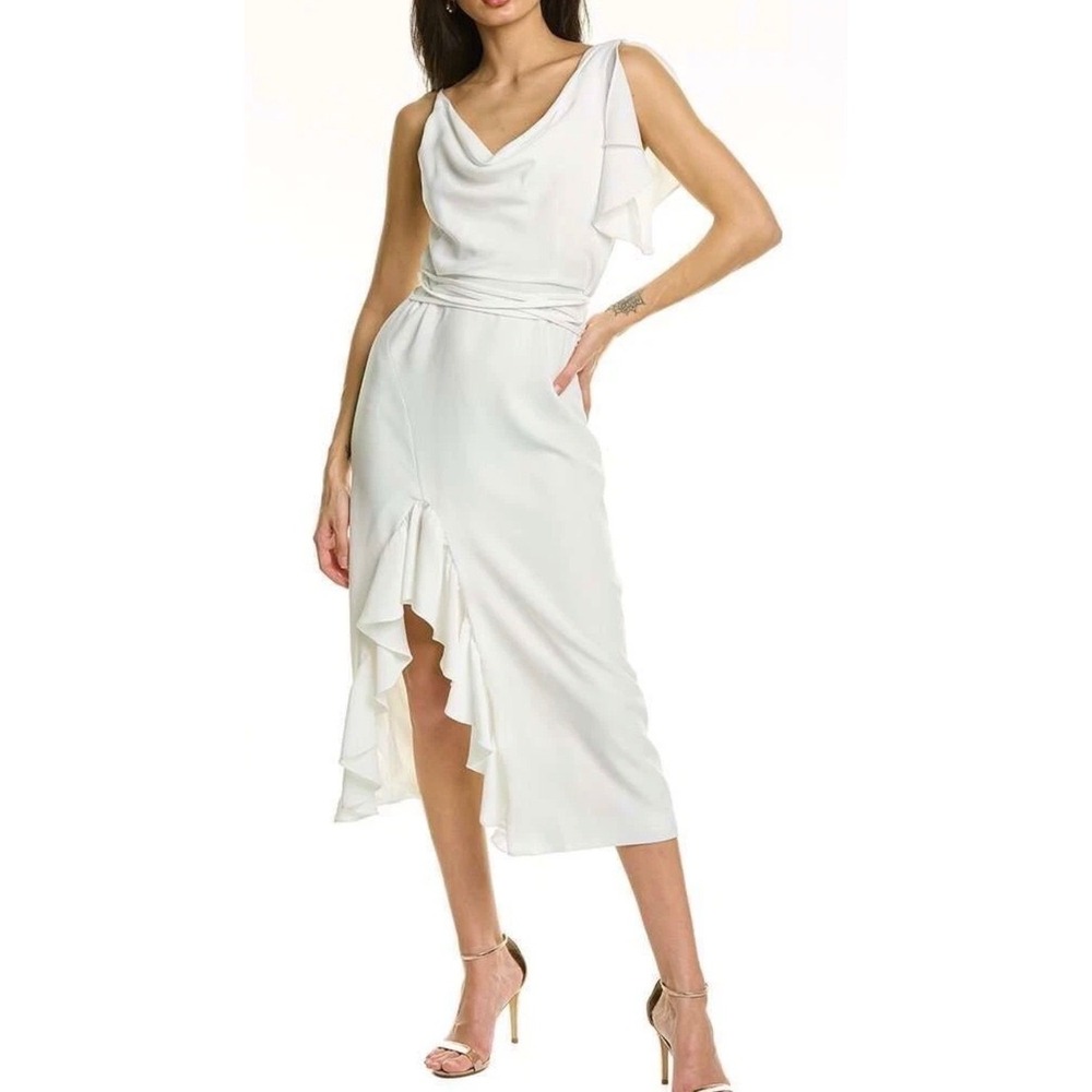Cinq a Sept Lavonne Asymmetrical Ruffle Midi Dress Size 10 NWT Ivory Sleeveless